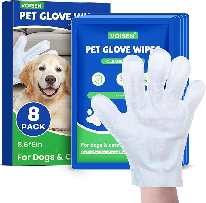 VOISEN 8 Pcs Pet Glove Wipes for Dogs and Cats, Cleaning & Deodorizing Bathing Grooming Wipes,Unscented Thick Nourish Fur Glove Wipes for Pet Dry Cleaning,Daily Care and Travel