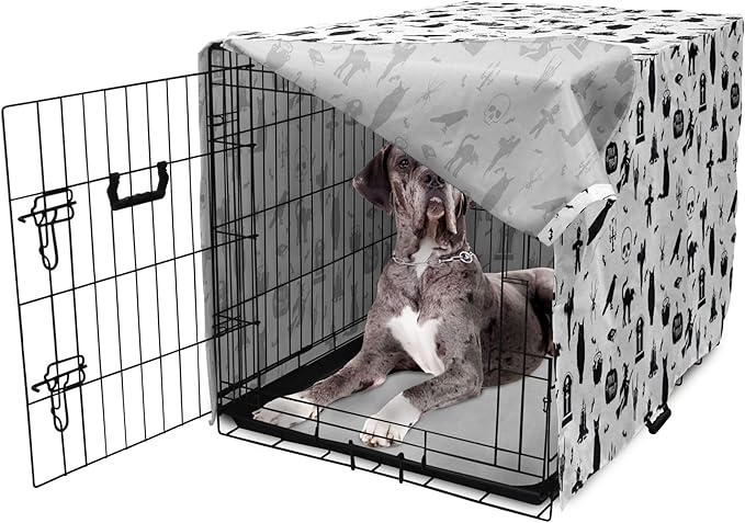 Lunarable Halloween Dog Crate Cover, Horror Pattern Tombstone Kitty Owl Voodoo Trick or Treat Pumpkin, Easy to Use Pet Kennel Cover for Medium Large Dogs, 48 Inch, Grey Black Charcoal