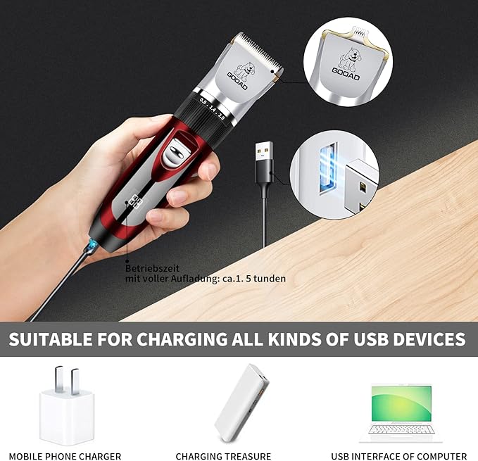 Dog Clippers Grooming Kit and Paw Trimmer,Low Noise, Electric Quiet,Rechargeable,Cordless, Pet Hair Clippers for Thick Coats,Dog Trimmer Grooming Tool,Shaver for Small and Large Dogs Cats,Red