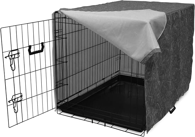 Ambesonne Fishing Theme Dog Crate Cover, Monochrome Illustration with Hand Drawing Angling and Camping Objects, Easy to Use Pet Kennel Cover for Cats & Medium Dogs, 24 Inch, White and Grey