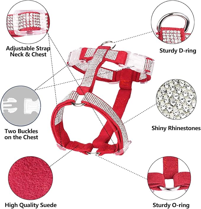 Dog Reflective Rhinestone Harness, No Pull Adjustable D-Ring Harness Walking Harness for Small Meduim Large Dog(Red,M)