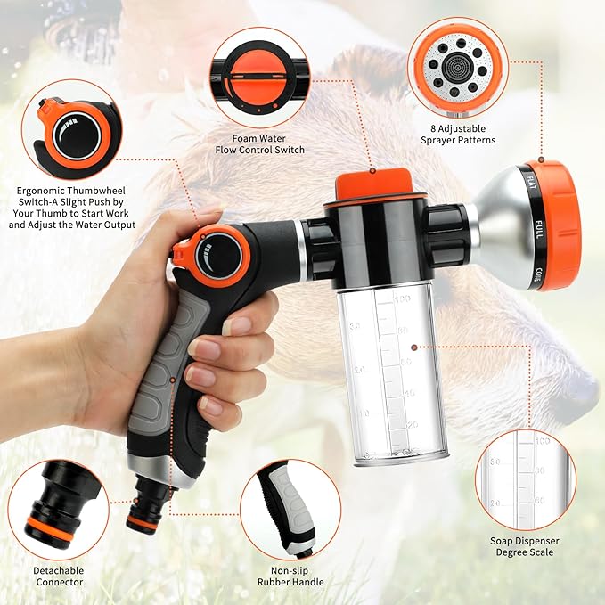 Rypet Dog Wash 8 Pieces Pet Bathing Tool Set Includes Expandable Hose Nozzle Foam Sprayer Connector Dog Rubber Brush for Bathing Dog, Horse or Other Pet