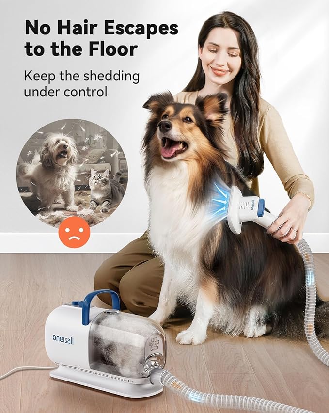 oneisall Dog Vacuum & Dryer for Shedding Grooming, 8 in 1 Dog Grooming Kit with Metal Blades Pet Clippers, Adjustable Speed and Temperature Control Blower
