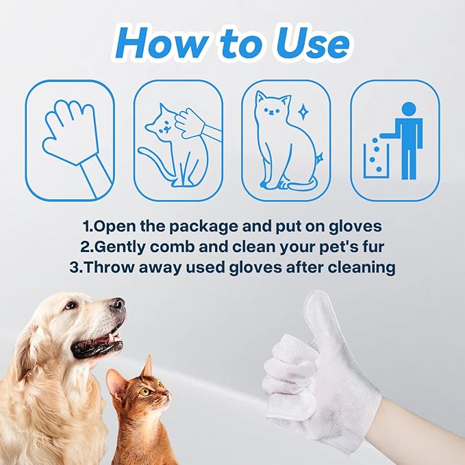Pet Glove Wipes for Dogs Cats, Cleaning & Deodorizing Grooming Gloves, Dog Wipes for Body Daily Care, Cat Grooming Wipes Cleaning Fur Traveling Rinse Free, Odorless and Unscented, 3pack/18pcs
