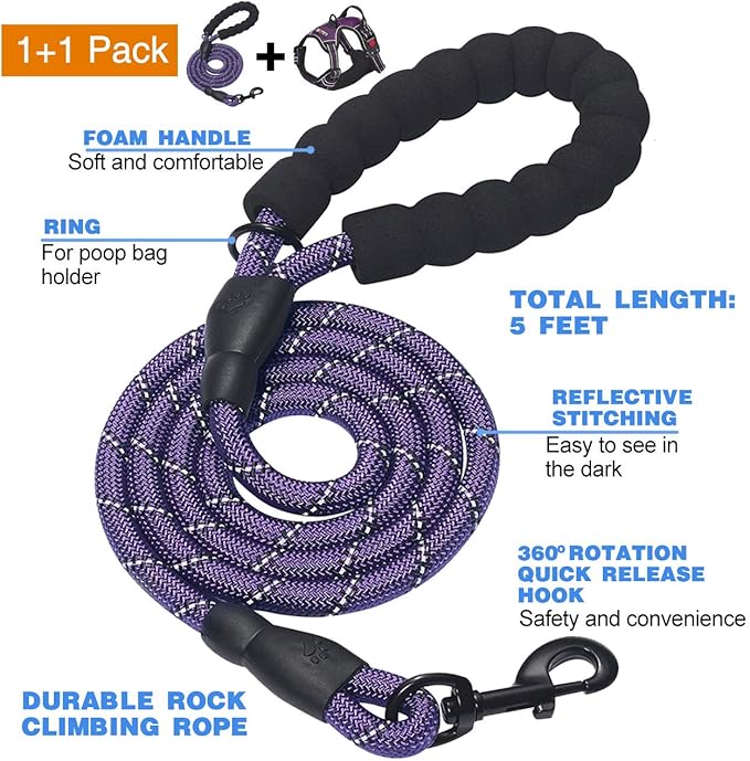 tobeDRI No Pull Dog Harness Adjustable Reflective Oxford Easy Control Medium Large Harness with A Free Heavy Duty 5ft Leash (L (Neck: 18"-25.5", Chest: 24.5"-33"), Purple)