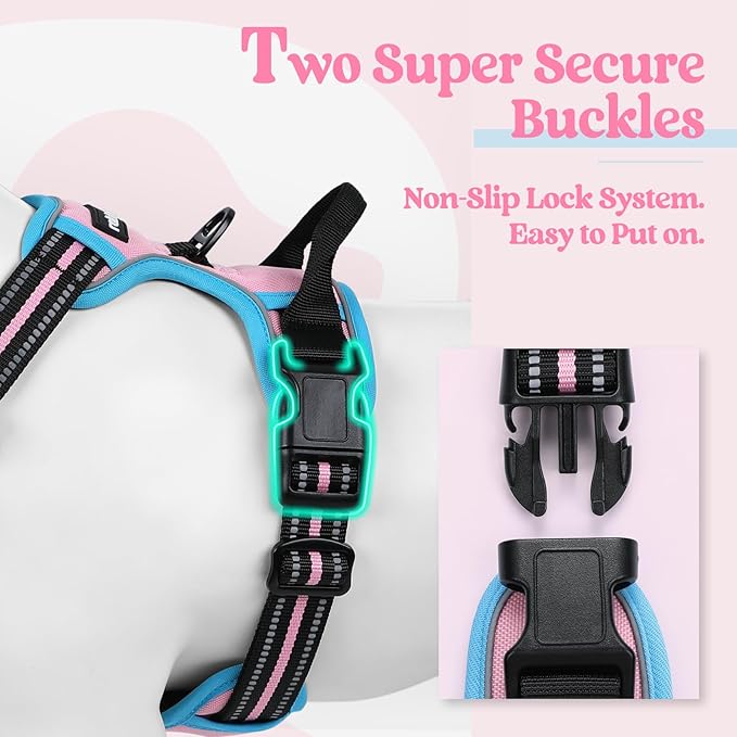 rabbitgoo Dog Harness, No-Pull Pet Harness with 2 Leash Clips, Adjustable Soft Padded Dog Vest, Reflective No-Choke Pet Oxford Vest with Easy Control Handle for Large Dogs, Pink & Blue, S