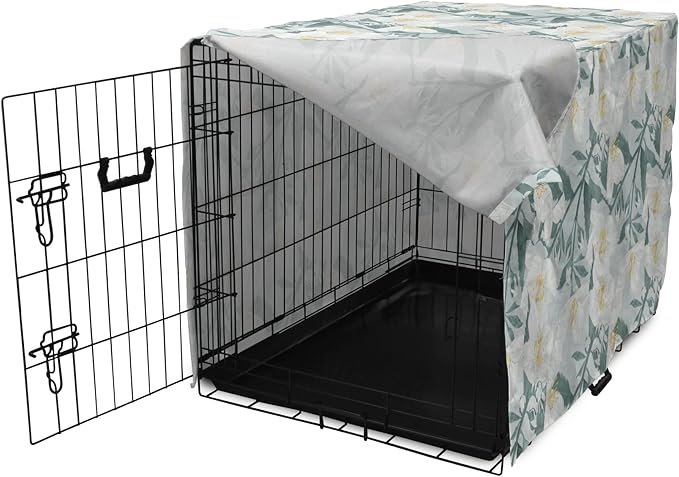Lunarable Jasmine Dog Crate Cover, Delicate Pointy Petals Flower in Muted Tones, Easy to Use Pet Kennel Cover for Cats & Medium Dogs, 24 Inch, Pale Teal Pale Blue