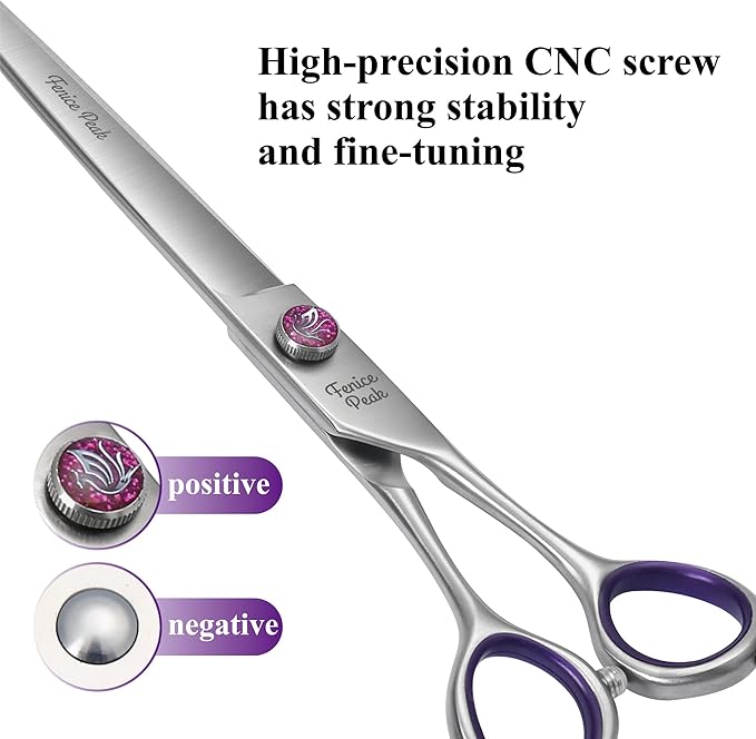 Fenice Peak 8'' Dog Grooming Scissors Set 4PCS Straight Curved Thinning Chunker Shears with Purple Finger Rings and Flashing Screw 440C Stainless Steel Natural Color Trimming Shears Durable and Sharp