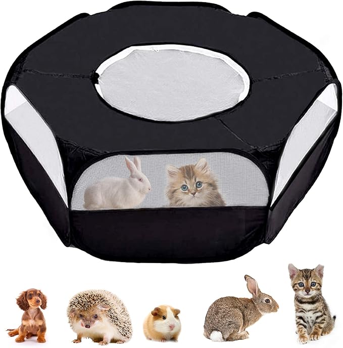 Small Animals Playpen, Breathable & Waterproof Pet Playpen Cage Tent with Zippered Cover Outdoor/Indoor Portable Fence Tent for Puppy/Kitten/Rabbits/Hamster/Chinchillas/Guinea Pig (Black)
