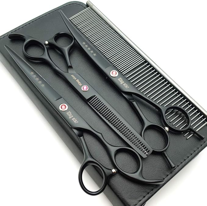 Kingstar 7.0in. Matt Black Professional Pet Grooming Scissors Set,Straight & Thinning & Curved Scissors Set with Comb case A389