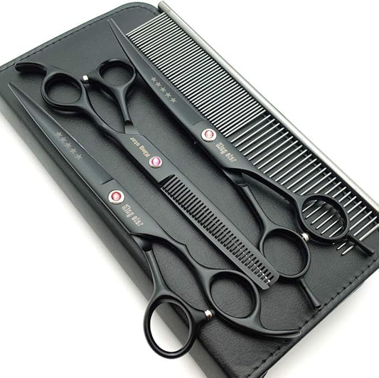 Kingstar 7.0in. Matt Black Professional Pet Grooming Scissors Set,Straight & Thinning & Curved Scissors Set with Comb case A389