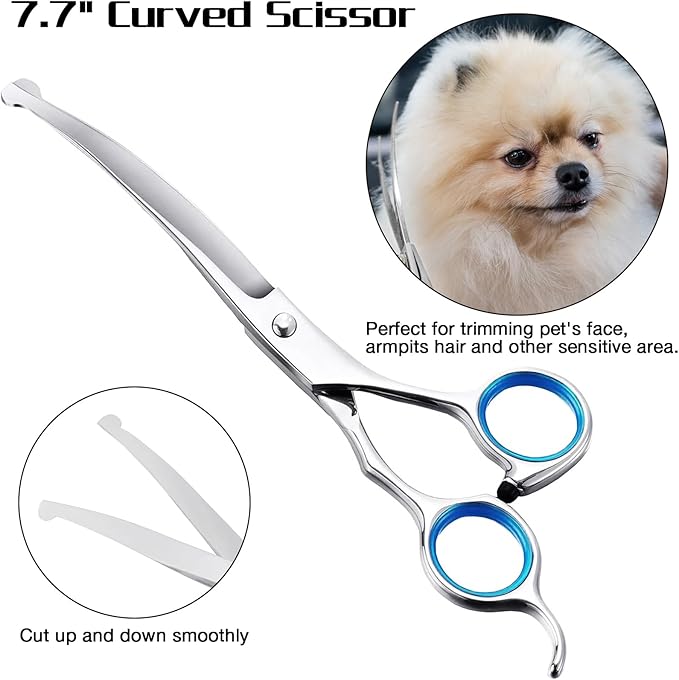 Professional Dog Grooming Scissors with Safety Round Tips, 5 in 1 Dog Grooming Scissors Kit, 4CR Stainless Steel Professional Pet Grooming Shears for Dog, Sharp and Durable, Blue