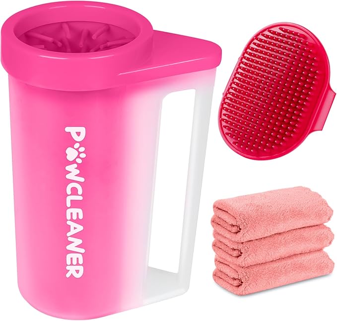 Paw Cleaner with Handle, Absorbent Towels & Adjustable Brush for Dogs (Large, Red) - Buddy Muddy Pet Foot Washer