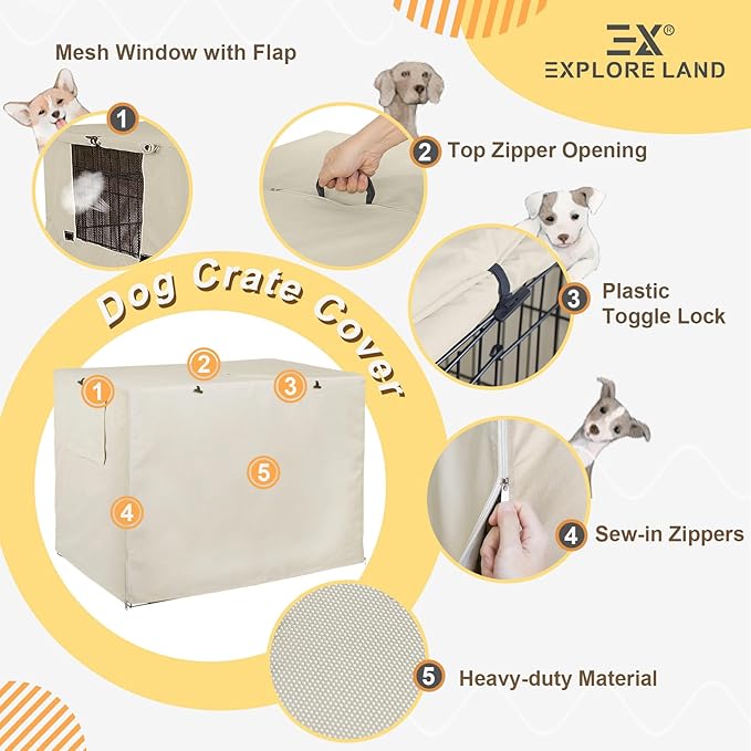 Explore Land 36 inches Dog Crate Cover Heavy Duty Polyester Pet Kennel Sunshade Universal Fit for Wire Cage (Light Tan)