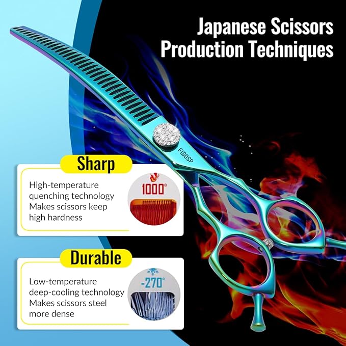 Professional Curved Thinning Shears Dog Grooming Scissors 7.5'' Blue Green Curved Chunkers Shears for Grooming Large Dogs Pet 35 Teeth Japan 440C(Curved Chunkers,Turquoise)