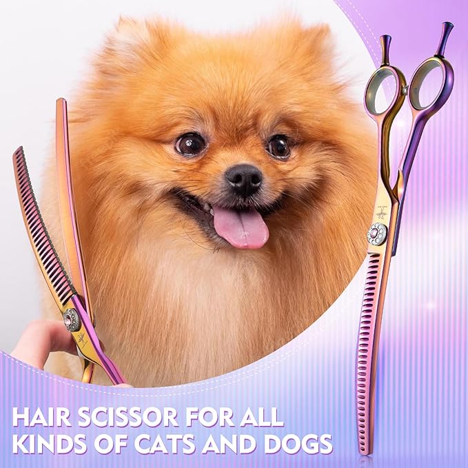 PURPLEBIRD Curved Shears Dog Grooming Chunkers, 7 inch Professional Thinning Scissors Safety Blunt Tip Trimming Scissors for Dogs Cats Face Paws Limbs Japanese Stainless Steel (Multicolor)