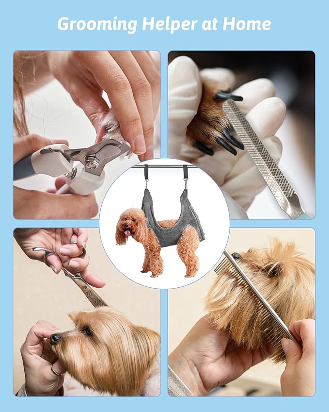Dog Grooming Harness, Multifunctional Cats and Dogs Grooming Hammock, Pet Beauty Assistant, Nail Scissors/Nail Trimmer/Round Head Scissors (Medium grey)