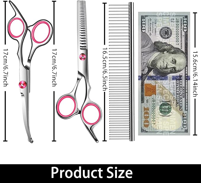 Pink Dog Grooming Scissors with Safety Round Tip,Pet Grooming scissors Kit,Dog Shears for Grooming,Incude Thinning,Curved Grooming Scissors and Comb for dogs, cats.Suitable for The Right Hand