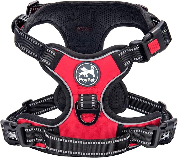 PoyPet No Pull Dog Harness, No Choke Front Clip Dog Reflective Harness, Adjustable Soft Padded Pet Vest with Easy Control Handle for Small to Large Dogs(Red,L)