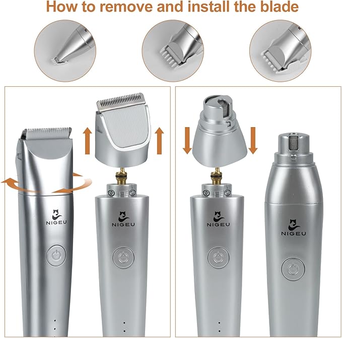 Dog Clippers Grooming Kit Hair Clippers with Nail Grinder Set 4 in 1, Cordless Electric Trimmer- Low Noise Paw Trimmer-USB Rechargeable Quiet Nail Grinder Shaver for Cats and Other Pets （Sliver）