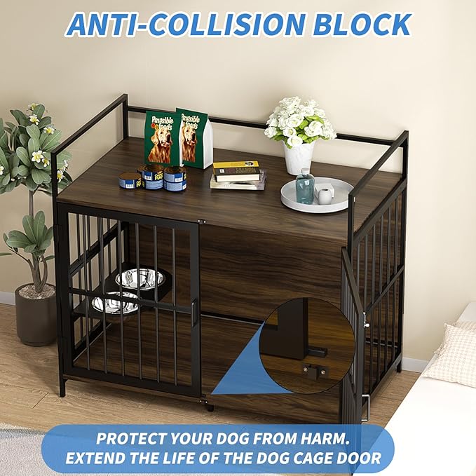 LOVMOR Dog Cage Furniture with Rotating Feeder Bowls, Dog Kennel Indoor with Cushion, Dog Crates for Large Dogs, 48" L X 30" W 43" H, Rustic Brown
