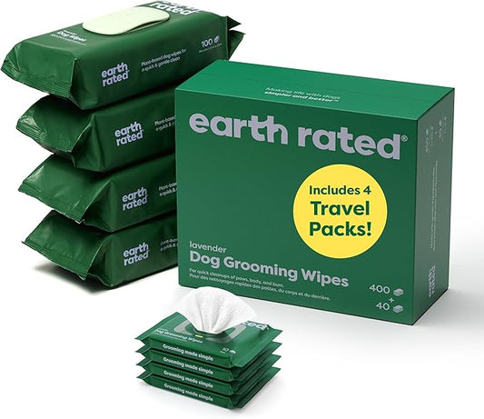 Earth Rated Hypoallergenic Dog Grooming Wipes for at Home & On-The-Go, for Paws, Body & Butt, Includes 4 Travel and Full Sized Packs, 440 Count