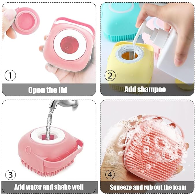 Dog Cat Bath Brush Comb Silicone - Pet Brush for Cats Dogs With Soap Dispenser Grooming Cleaning, Pink