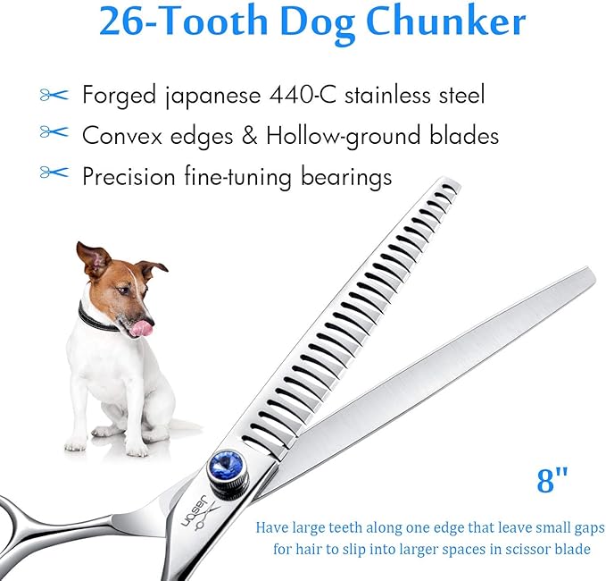 JASON 8" 26 Tooth Chunkers Shears for Dogs Ergonomic Cats Grooming Scissors & JASON Dog Grooming Scissors Set - Professional 6 in 1 Dog Shears Set