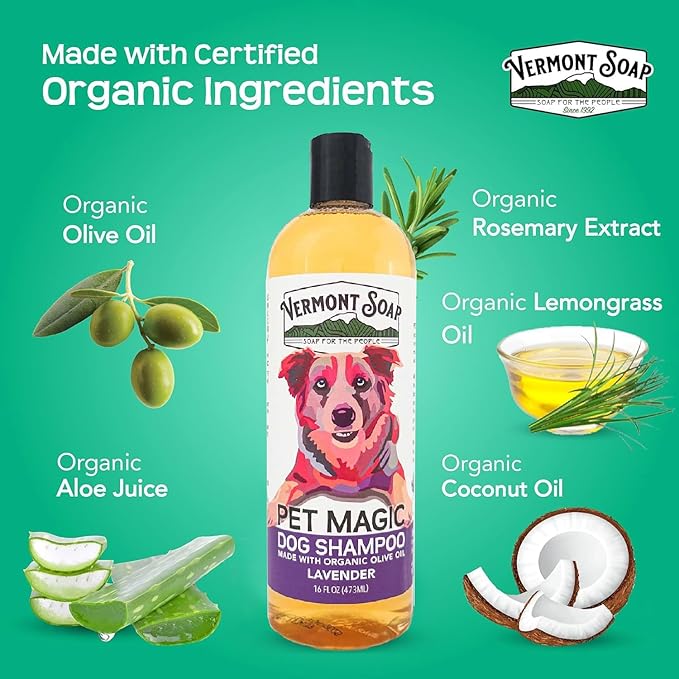 VERMONT SOAP Organics Pet Shampoo - Infused with Organic & Natural Olive Oil, Coconut & Aloe Vera Dog Shampoo for Sensitive Skin - USDA Certified Grooming Pet Shampoo (16oz)
