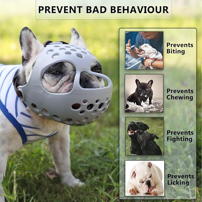 BARKLESS Dog Muzzle for Short Snout Dogs, Soft Silicone Muzzle for Biting, Chewing, Licking for French Bulldog Shih Tzu, Ideal for Flat-Faced Aggressive Dogs Grooming Walking, Allows Drinking
