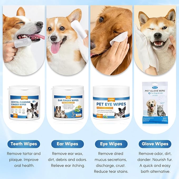 Dog Wipes Cleaning Deodorizing, Dog Grooming Wipes & Dog Paw Cleaner, Pet Cleaning Kit for Teeth, Ears, Eyes, Paw, Body, Dog Ear Rinse, Essential Dog Supplies Set