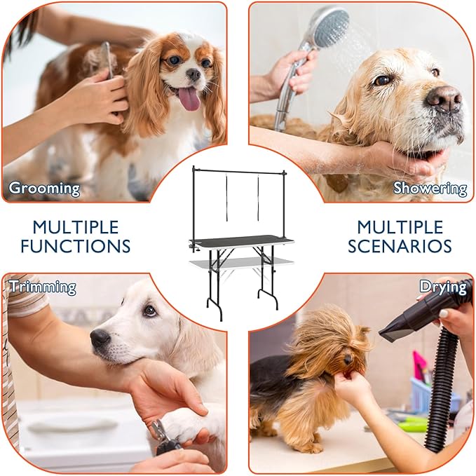 LEIBOU 45'' Height Adjustable(23''~33.8'') and Foldable Pet Dog Grooming Table Heavy Duty Iron Frame with H-Shape Grooming Arm & 3 Noose, Maximum Capacity Up to 260lbs, Black