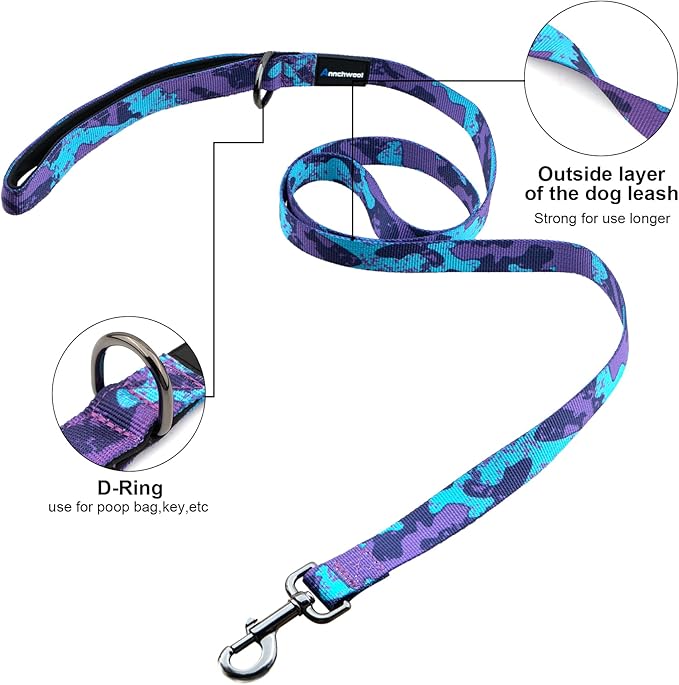 Annchwool No Pull Dog Harness with Padded Handle+5 Ft Leash,Escape Proof and Quick Fit to Adjust Dog Harness,Easy for Training Walking for Small & Medium and Large Dog(Camo Purple Set,M)
