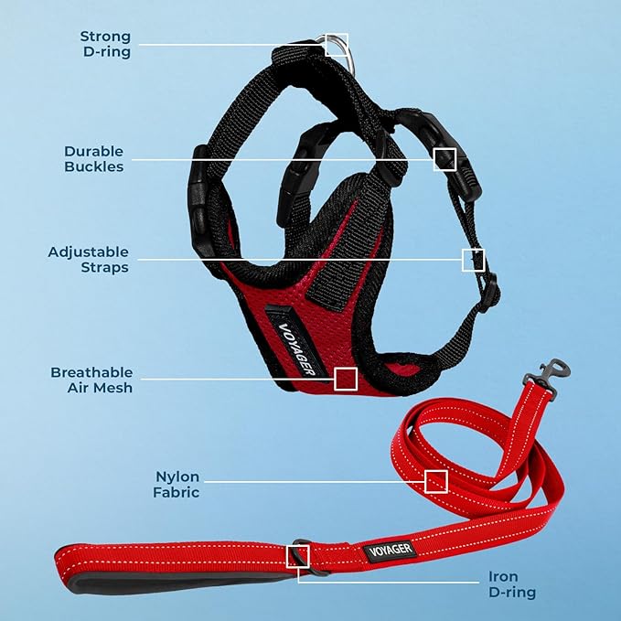 Voyager Step-in Lock Dog Harness w Reflective Dog Leash Combo Set with Neoprene Handle 5ft - Supports Small, Medium and Large Breed Puppies/Cats by Best Pet Supplies - Red/Black Trim, M