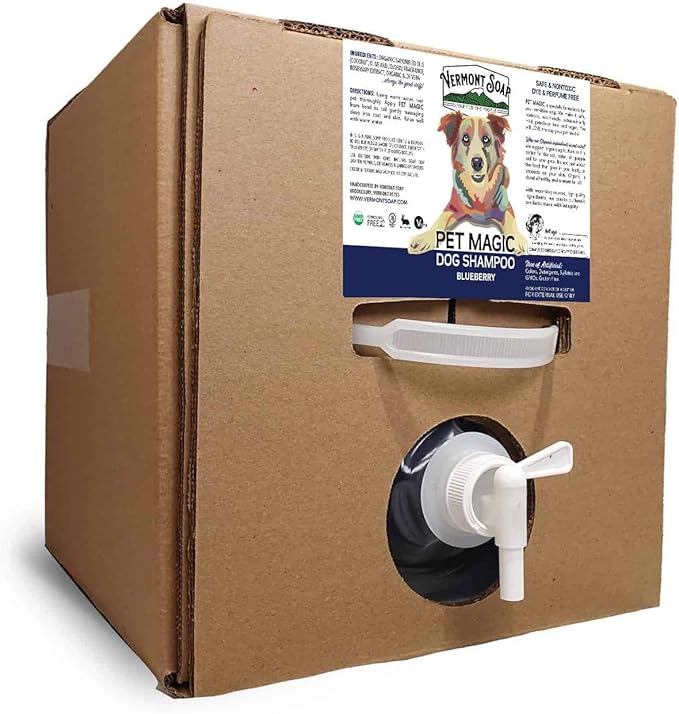 VERMONT SOAP Organics Pet Shampoo - Infused with Organic & Natural Olive Oil, Coconut & Aloe Vera Dog Shampoo for Sensitive Skin - USDA Certified Grooming, Blueberry - 5 Gallon