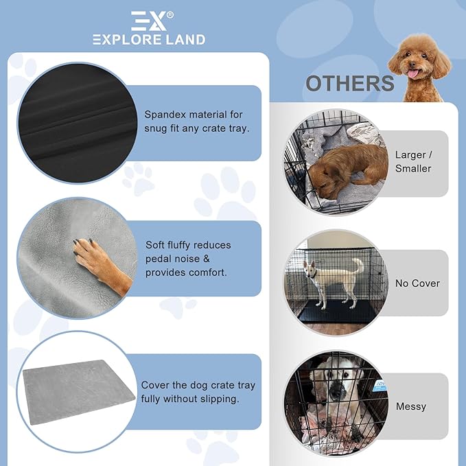 Explore Land Dog Crate Pan Cover with Softer Fluffy Top for 42 inch Dog Cage - Reversible Washable Liner for Dog Crate Tray