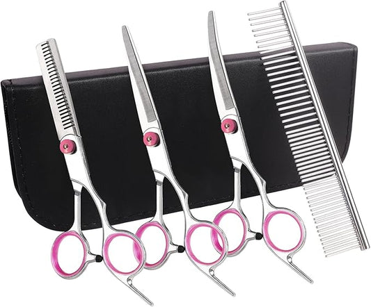 Premium Dog Grooming Scissors with Safety Round Tips, 5 in 1 Dog Grooming Scissors Kit, 4CR Stainless Steel Premium Pet Grooming Shears for Dog, Sharp and Durable, Pink