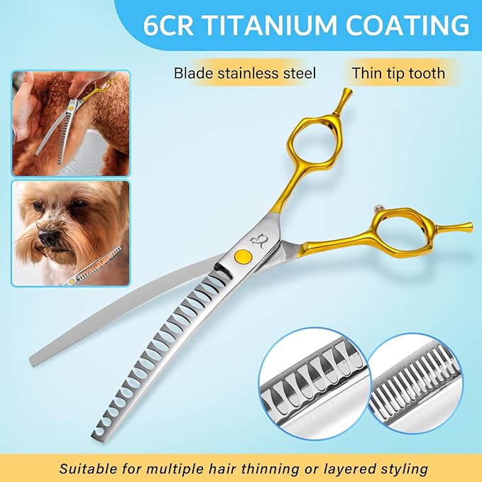Dog Grooming Scissors,Curved Thinning Shears Dog Grooming with Safety Round Tips, Sharp and Comfortable 4 in 1 Dog Scissors for Grooming