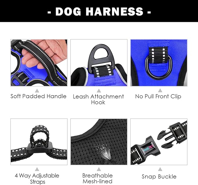 PHOEPET No Pull Dog Harness Medium Reflective Front Clip Vest with Handle,Adjustable 2 Metal Rings 3 Buckles,[Easy to Put on & Take Off](XL, Royal Blue)