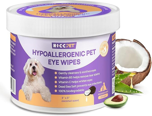 HICC PET Eyes Wipes for Dogs & Cats - Gently Remove Tear Stain, Eye Debris, Discharge, Mucus Secretions - Coconut Oil Pet Cleaning Grooming Deodorizing Wipes for Eyes, Wrinkle, Face - Unscented