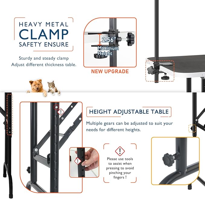 LEIBOU 45'' Height Adjustable(23''~33.8'') and Foldable Pet Dog Grooming Table Heavy Duty Iron Frame with H-Shape Grooming Arm & 3 Noose, Maximum Capacity Up to 260lbs, Black