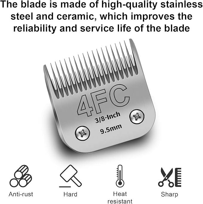 4FC Detachable Pet Clipper Replacement Blades Compatible with Andis/Oster A5/Wahl KM10 Series Dog Clipper,Made of Ceramic Blade & Stainless Steel Blade,Size 4FC Cut Length 3/8-Inch（2 Pack）