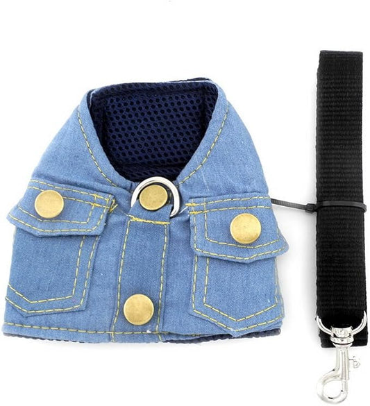 SMALLLEE_LUCKY_STORE Small Dog Cat Denim Jacket Vest with D-Ring Puppy Harness and Leash Set Escape Proof No Choke Soft Mesh Padded,Light Blue M