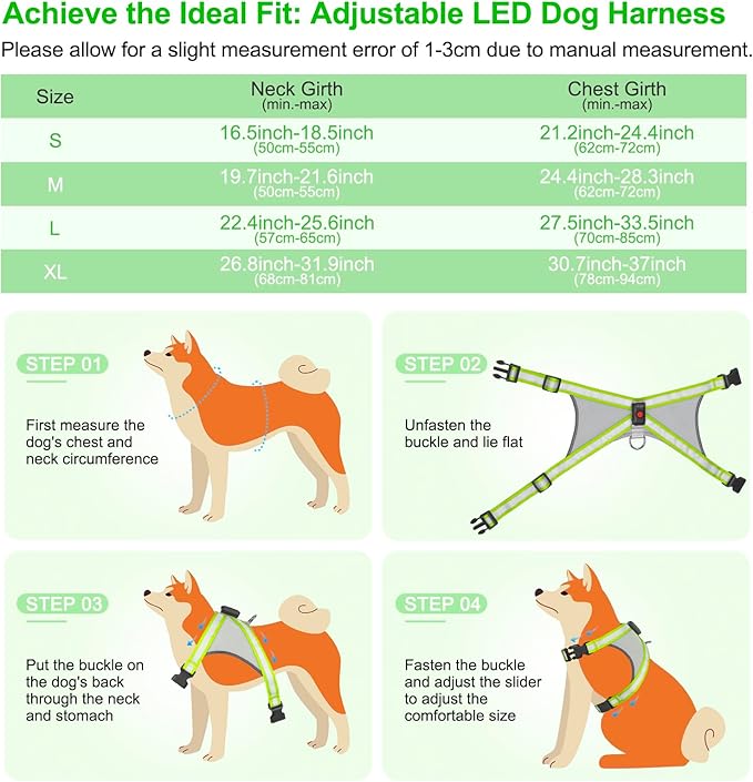 Visinite LED Dog Harness, USB Rechargeable Light Up Dog Harness Vest, 2 Illuminate Modes Glow in The Dark Dog Harness, Adjustable Lighted Dog Harness Light for Night Walking Safety