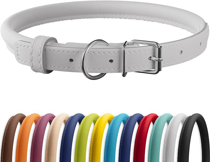 CollarDirect Rolled Leather Dog Collar, Soft Padded Round Puppy Collar, Handmade Genuine Leather Collar Dog Small Large Cat Collars 13 Colors (18-22 Inch, White Smooth)