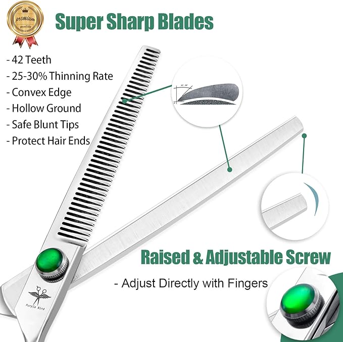 PURPLEBIRD 7 Inch Straight Dog Grooming Scissors Professional Pet Thinning Texturizing Shears Safety Noiseless Blunt Tip Trimming Shearing for Dogs Cats Japanese Stainless Steel Silver