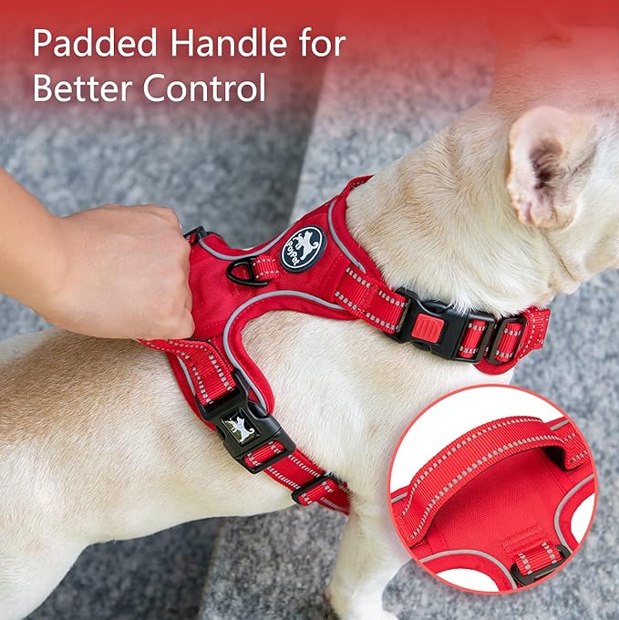 PoyPet No Pull Dog Harness, No Choke Reflective Dog Vest, Adjustable Pet Harnesses with Easy Control Padded Handle for Small Medium Large Dogs(Red Matching Trim,M)