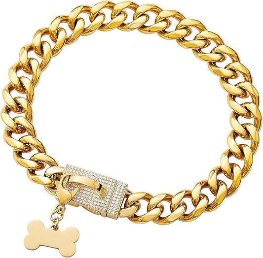 New Gold Chain Dog Collar with Bling Cubic Zirconia Secure Clasp,15MM Strong Stainless Steel Cuban Link Chain Collars,Luxury Necklace Walking Collar for Small Medium Dogs