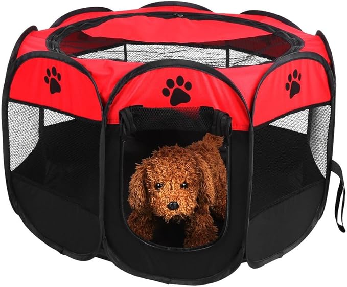 Pet Cat Dog Portable Foldable Cage Exercise & Play Tent Mesh Cover Indoor/Outdoor Use(Red)