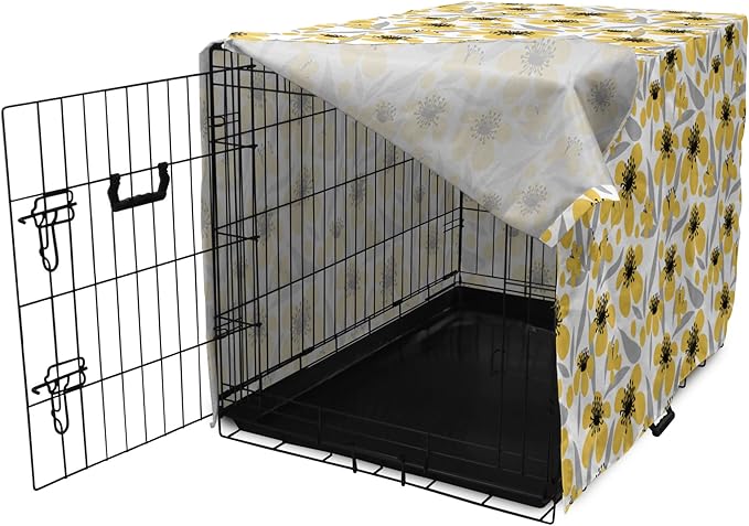Ambesonne Floral Dog Crate Cover, Minimalistic Graphic Drawing of Yellow Flowers Pattern, Easy to Use Pet Kennel Cover for Medium Large Dogs, 42 Inch, Pale Taupe Charcoal Grey